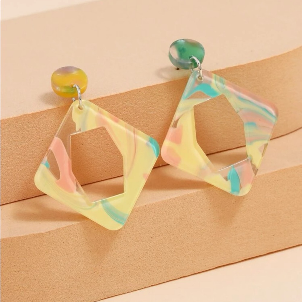 B2G1☮️Boho Retro Rhombus Acrylic Geometric Multi Color Statement Drop Earrings - Picture 9 of 11